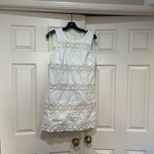 White cotton lined Lace Flowers Denim Short Sleeves Mini‎ Dress event guest SZ S